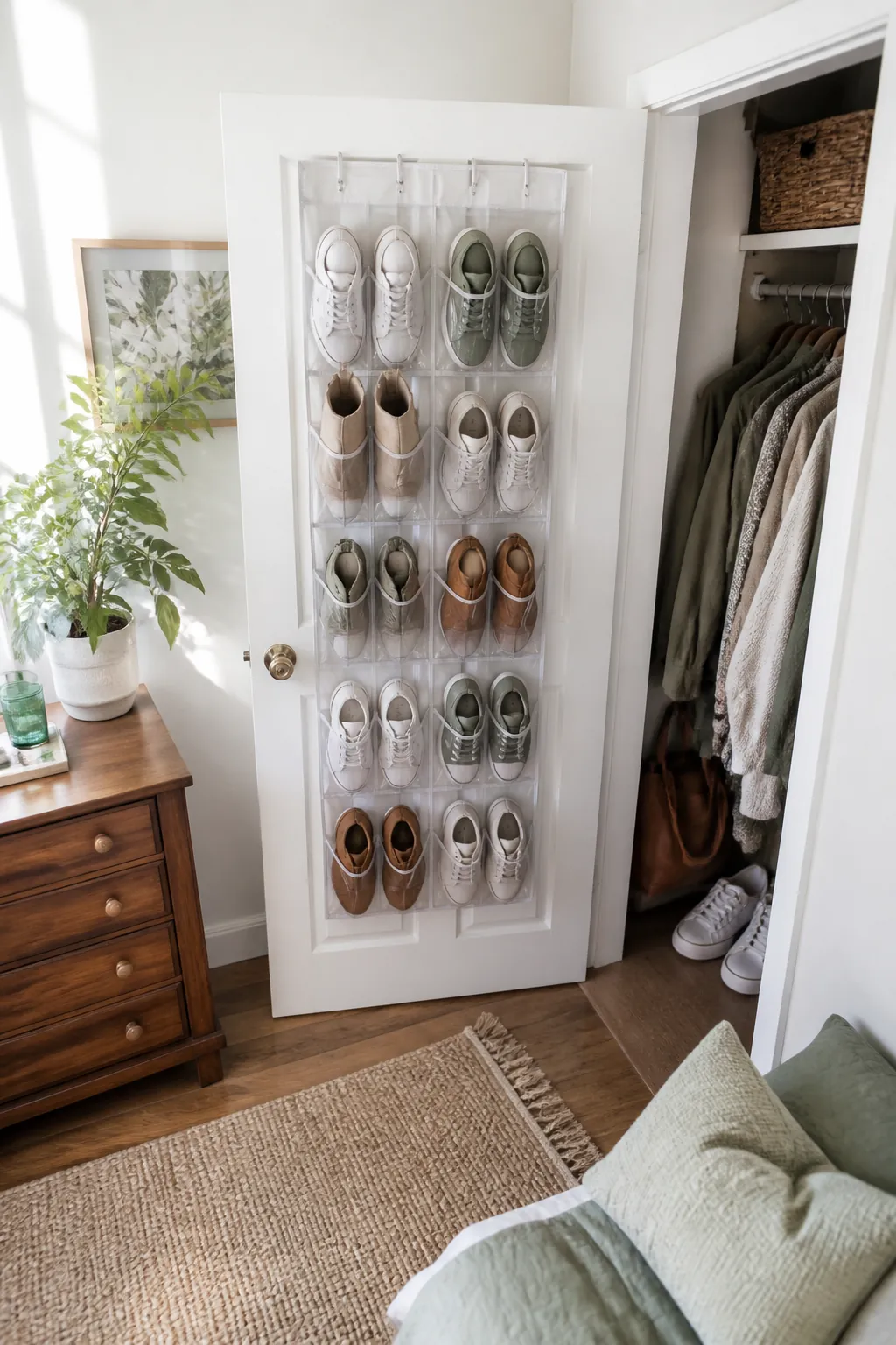 An over-the-door shoe organizer with clear pockets on a closet door, holding sneakers and boots in rows