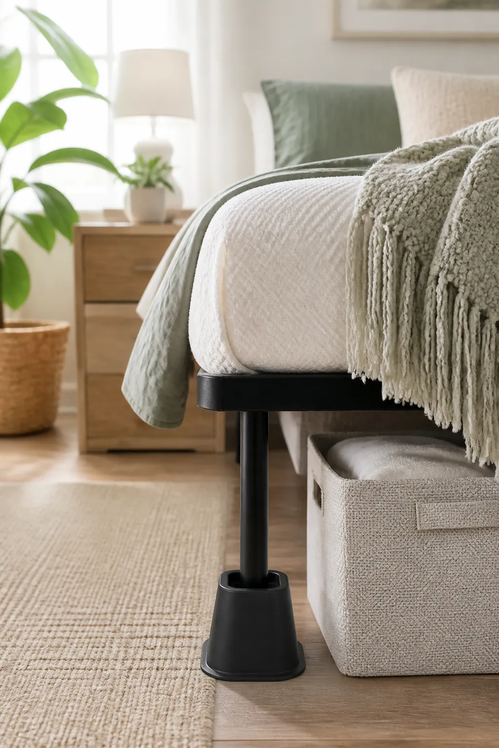 A bed frame leg set into an adjustable riser cup, raising the bed to clear a storage bin underneath