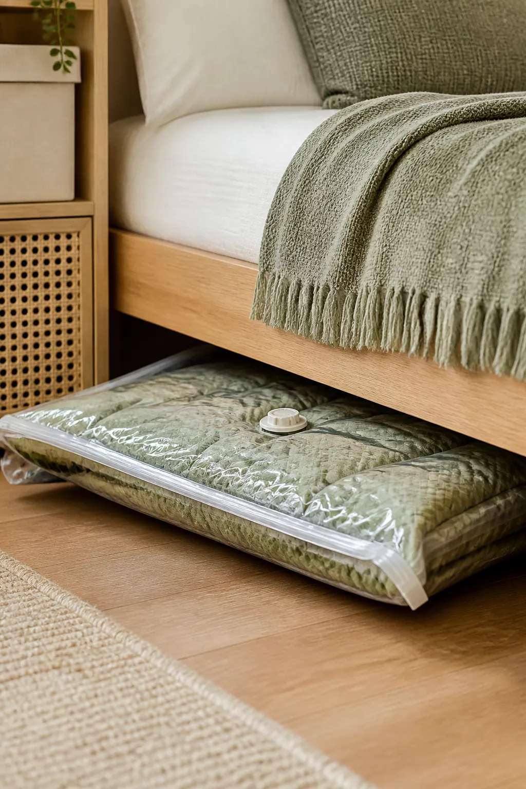 A flattened vacuum compression bag packed with a folded comforter, partly slid under a raised bed frame