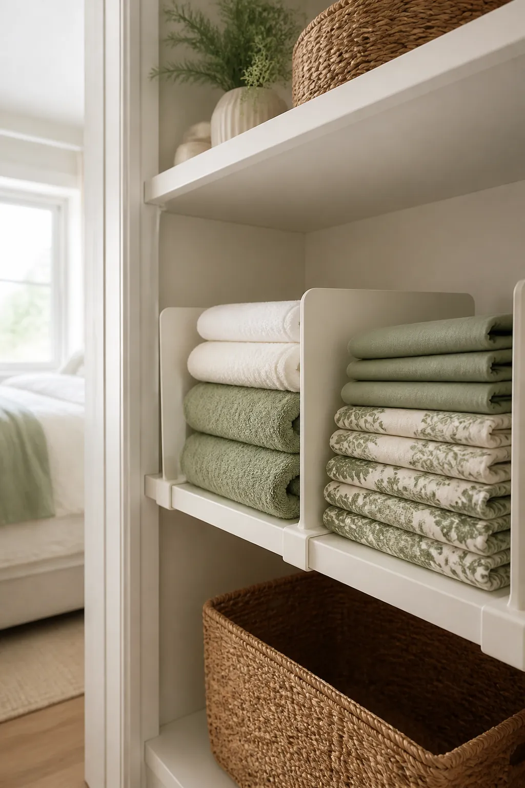 Shelf dividers clipped onto a linen closet shelf, separating a stack of towels from folded bed sheets