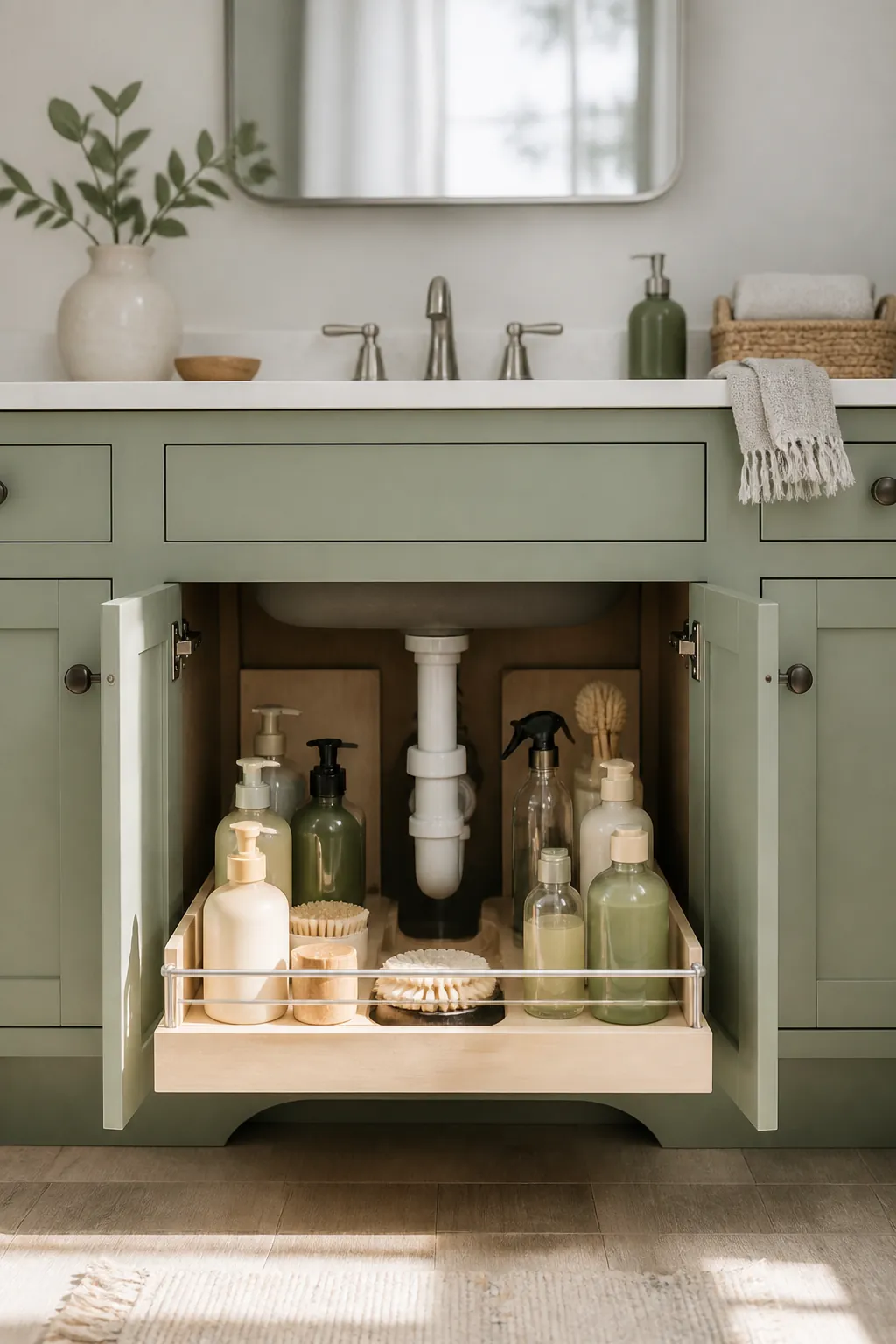 A pull-out under-sink organizer slid forward from a cabinet, bottles arranged in trays around the drainpipe