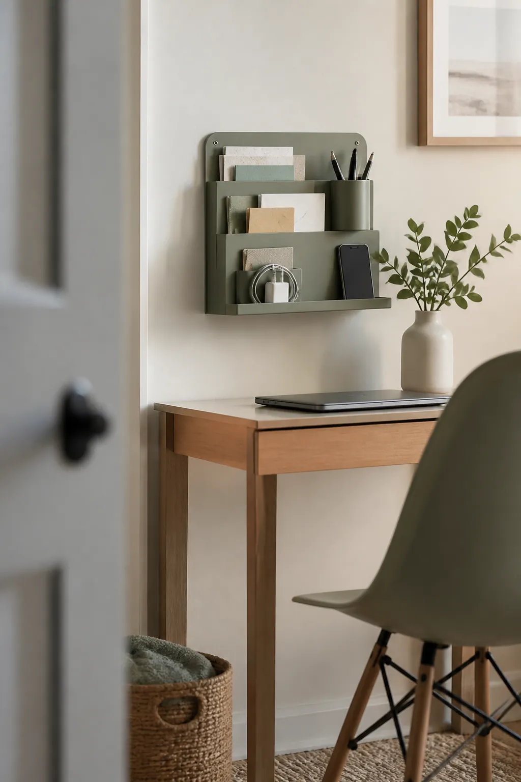 A wall-mount desk organizer above a small desk, holding mail, pens, and a charger off the desktop