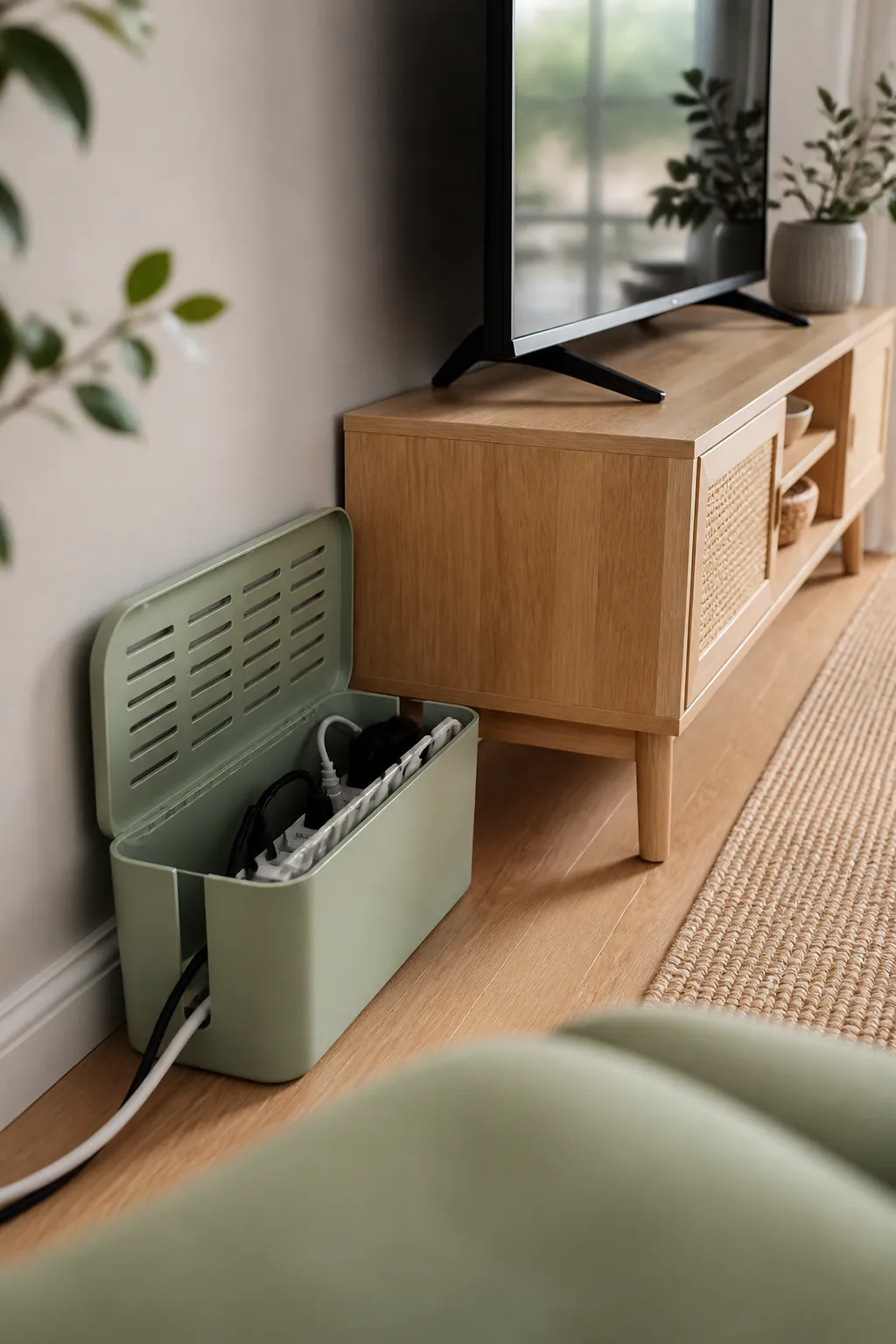 A cable management box behind a TV stand with its lid open, a power strip and cords tucked inside