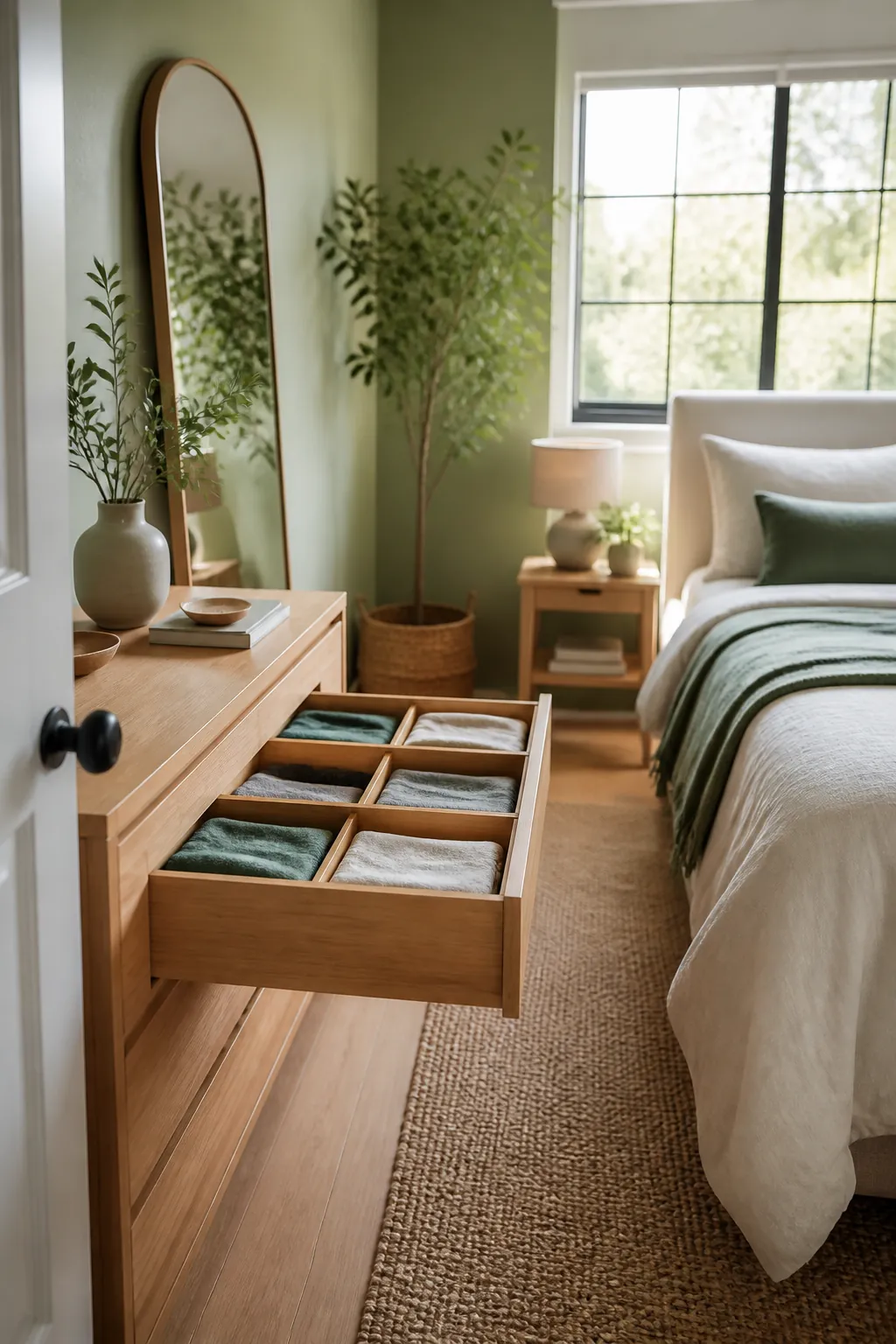 Bamboo adjustable drawer dividers expanded inside an open dresser drawer, separating folded t-shirts into neat sections.