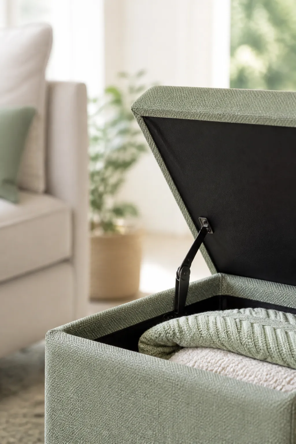 A collapsible storage ottoman cube with its lid lifted, showing folded blankets stacked inside the frame.