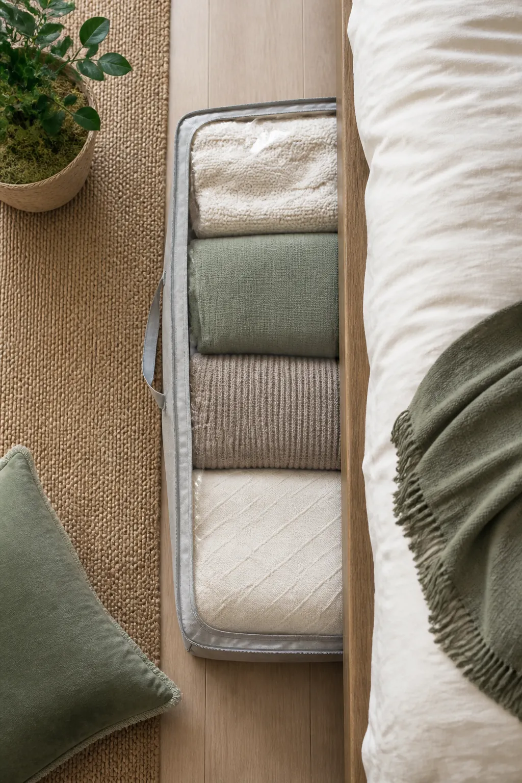 A slim zippered under-bed storage bag pulled halfway out from beneath a low platform bed frame.