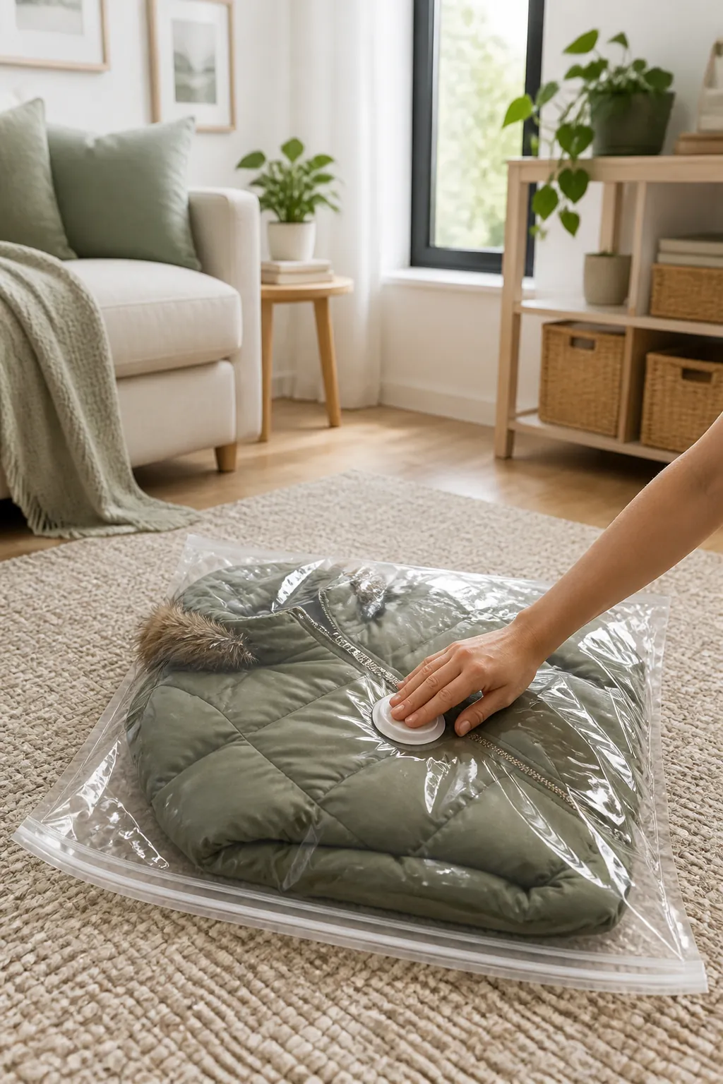 A vacuum compression bag holding a flattened winter coat, air being pressed out through its valve.