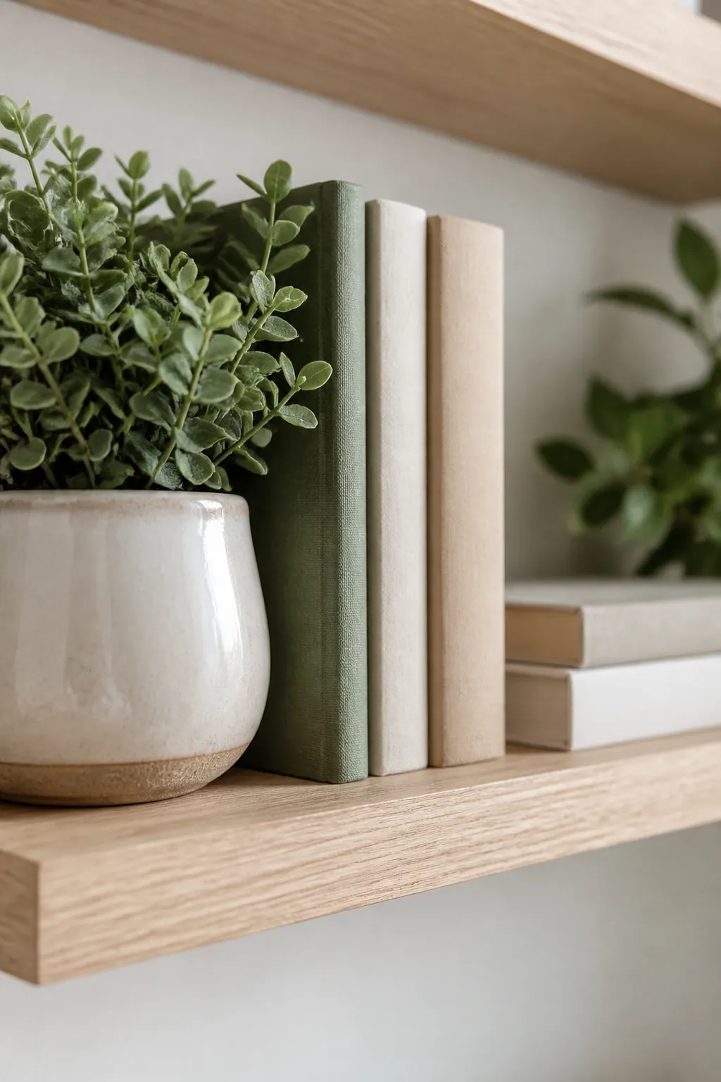 Three floating wall shelves mounted above a sofa, each holding a few books and one small plant.