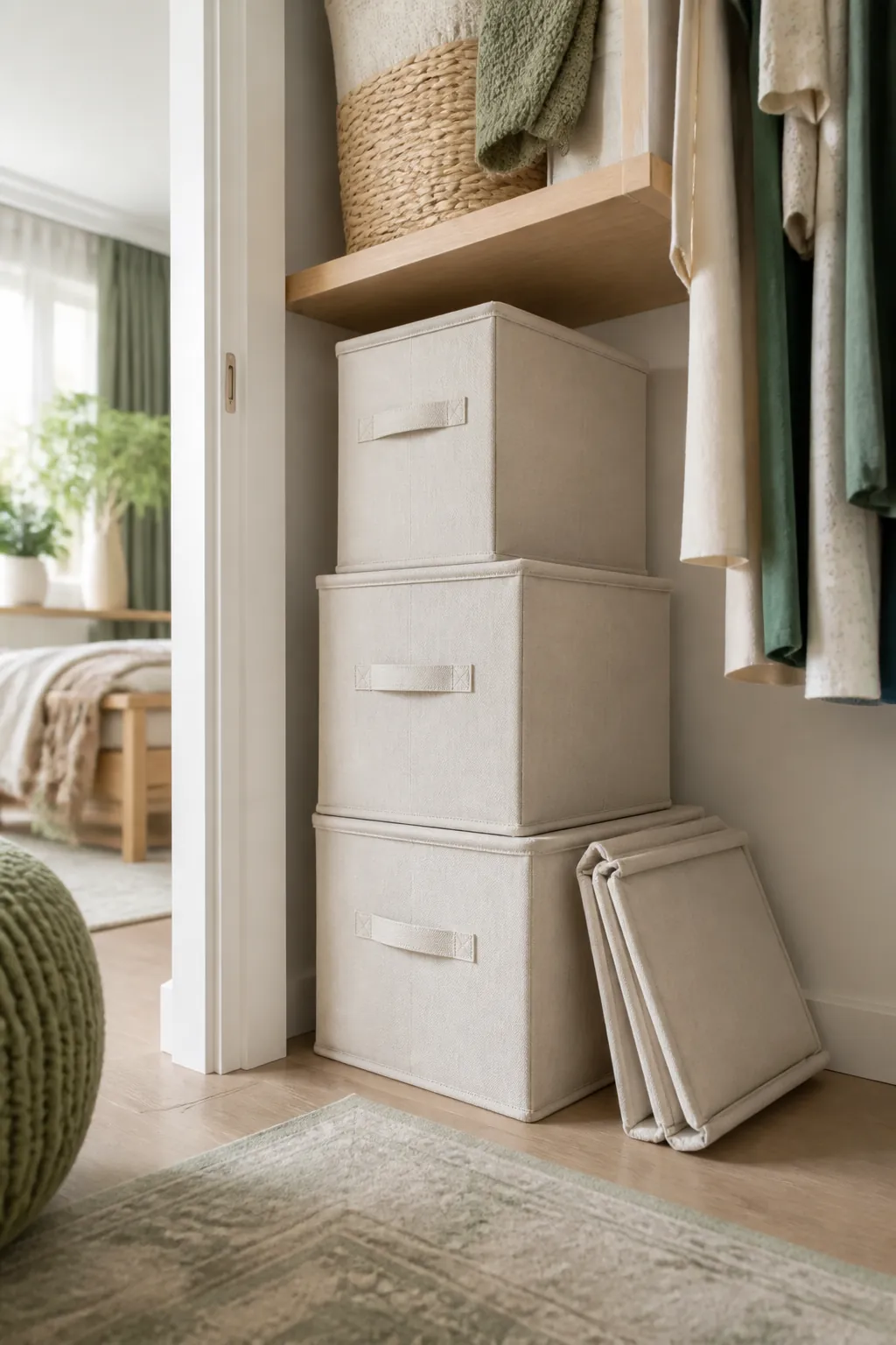 Neutral canvas fabric storage cubes stacked on a closet shelf, with one cube collapsed flat beside them.