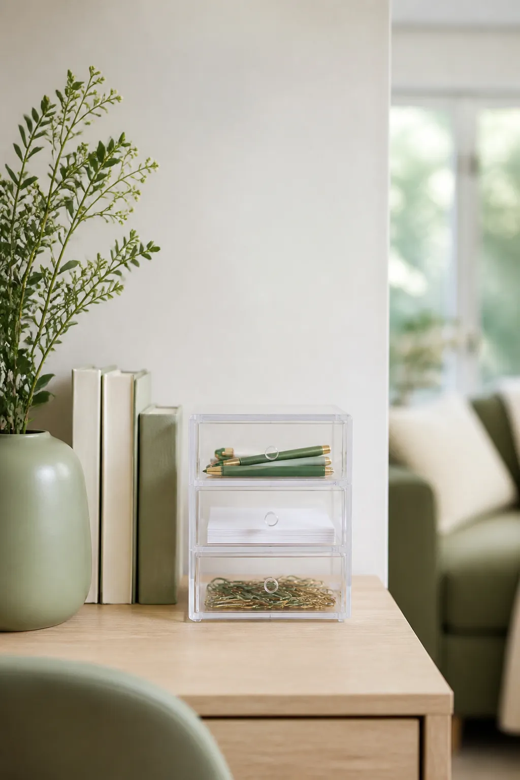 Small clear stackable drawers stacked three high on a desk corner, holding pens and loose paperclips.