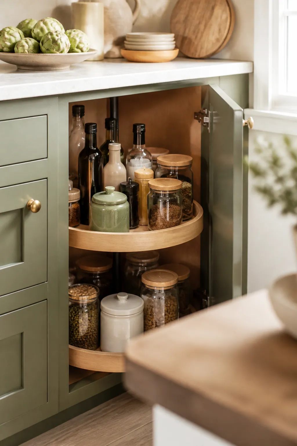 A round turntable organizer inside a corner kitchen cabinet, holding bottles and jars within easy reach.