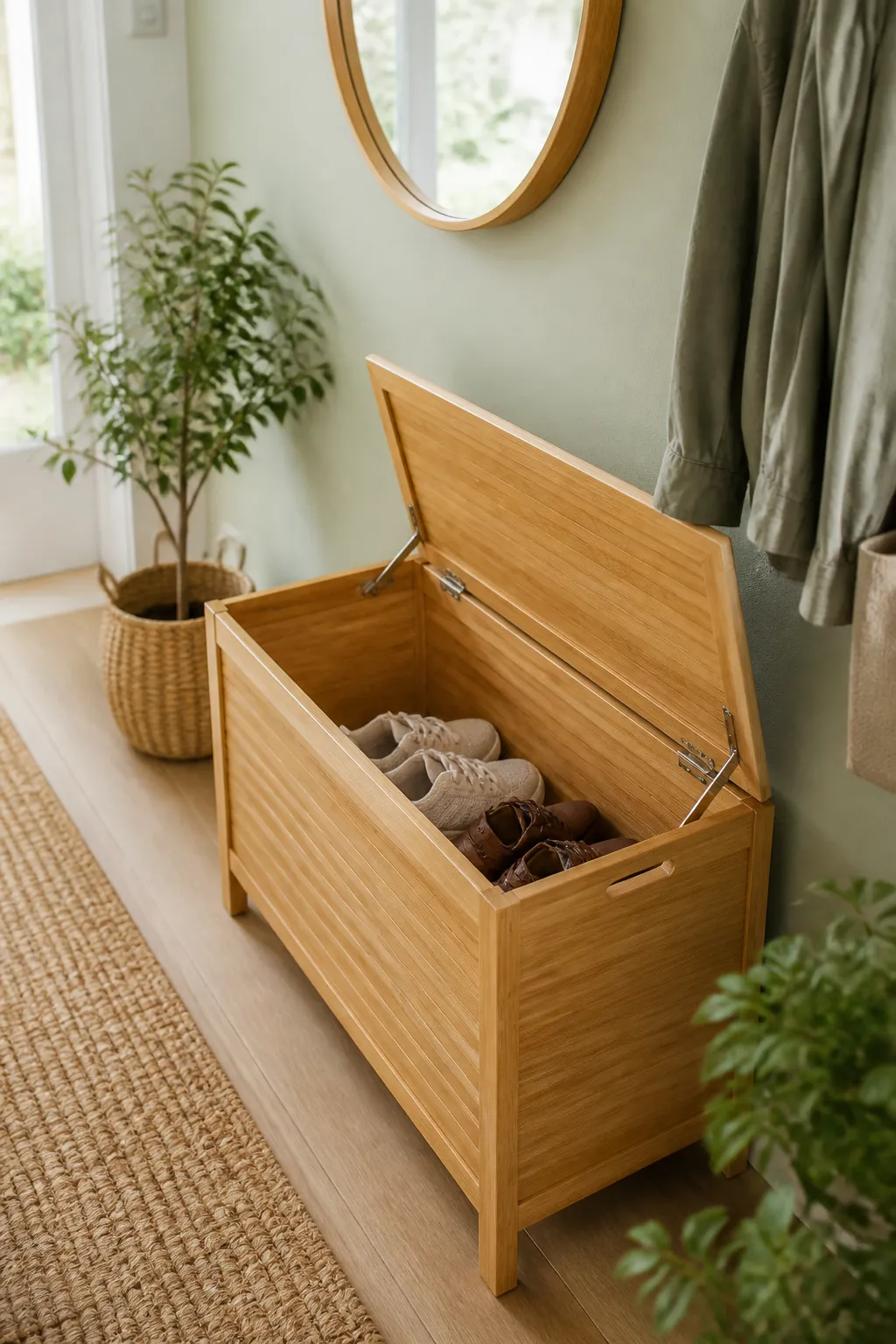 A bamboo storage bench in an entryway with its lid lifted, showing a pair of shoes stored inside.