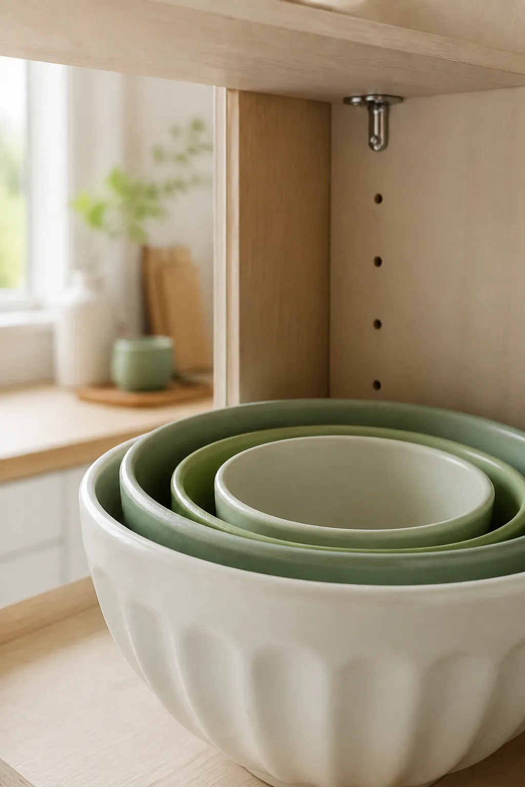 A stack of nesting mixing bowls of graduated sizes sitting inside a kitchen cabinet shelf