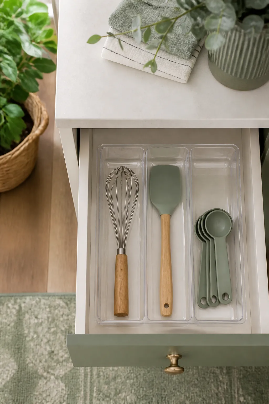 An open kitchen drawer with a clear organizer tray separating whisks, spatulas, and measuring spoons