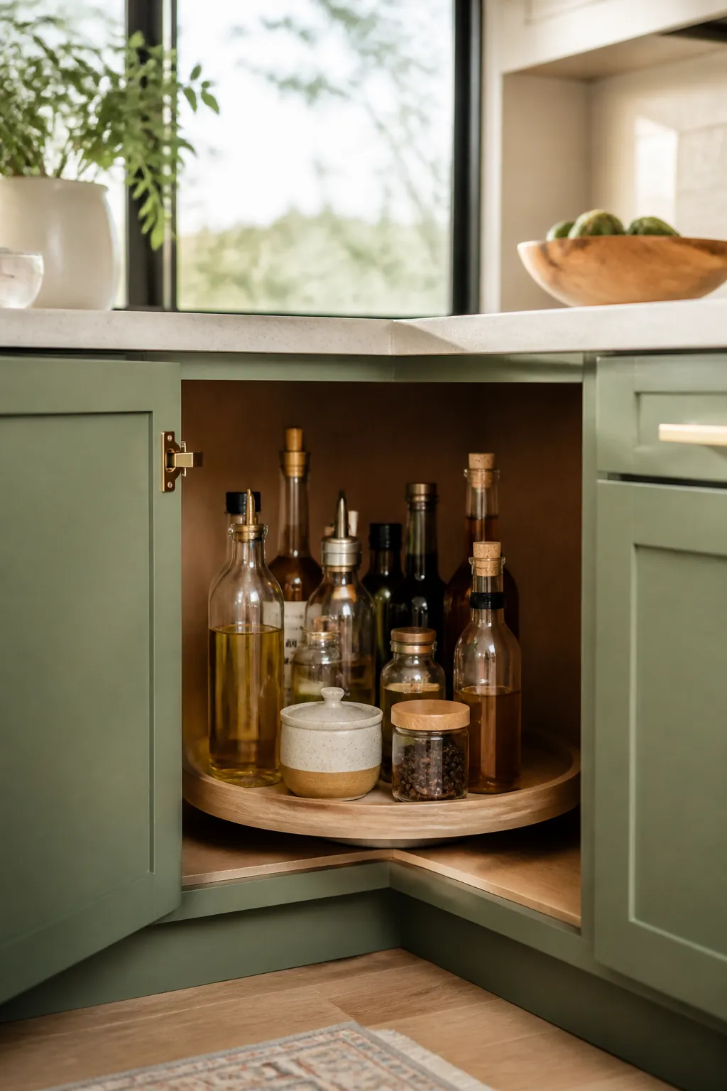 A round turntable lazy Susan organizer inside a corner cabinet holding bottles and jars in a circle