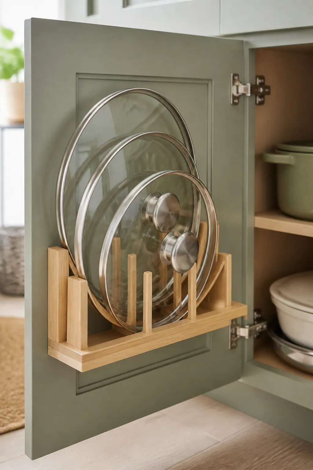 A pot lid organizer mounted on the inside of a cabinet door holding several pot and pan lids upright