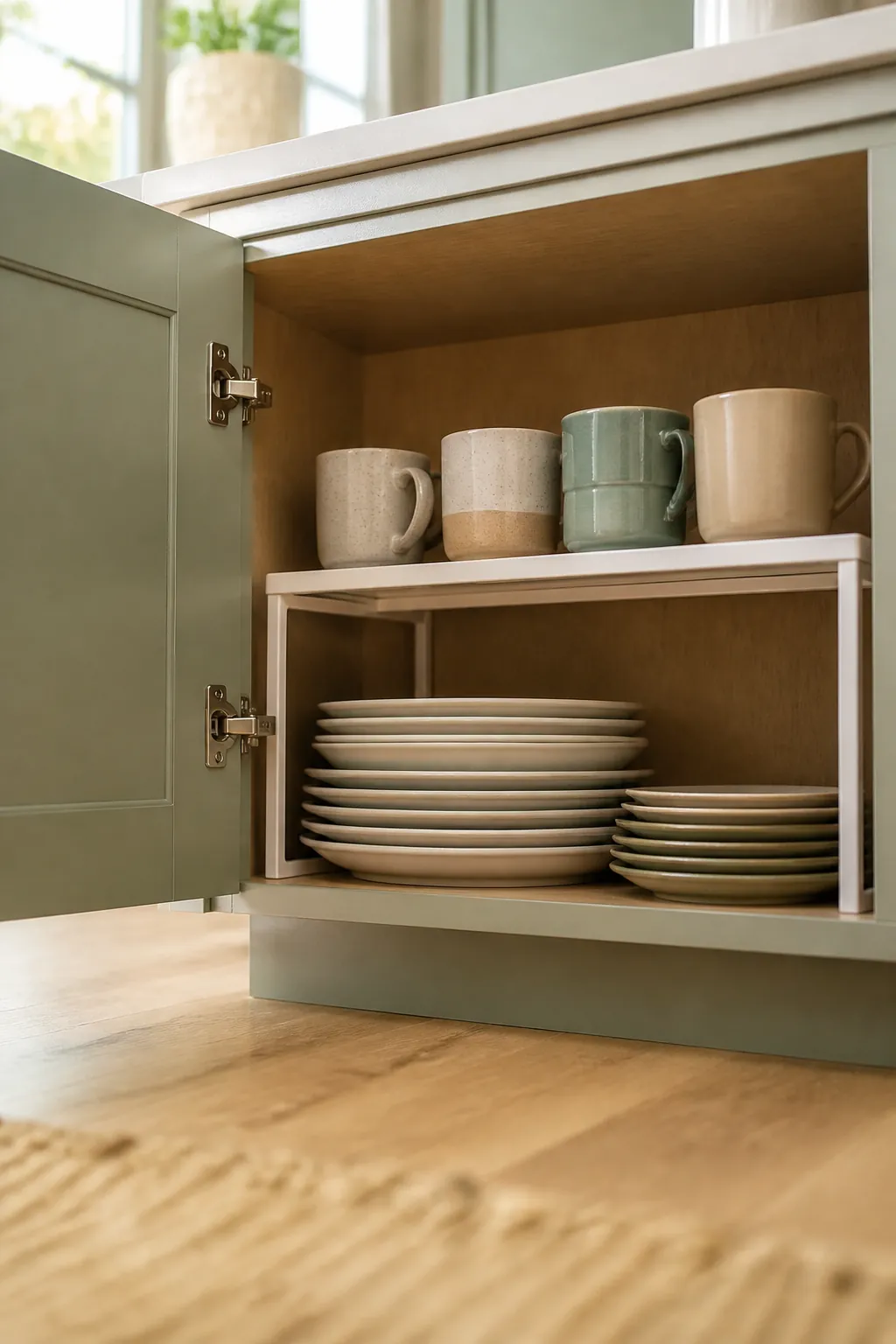 An expandable shelf riser inside a kitchen cabinet with mugs stacked on the lower level and plates on top