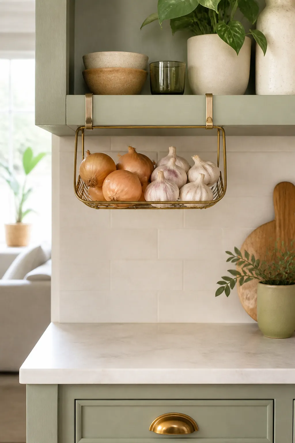 An under-shelf hanging basket clipped beneath a kitchen cabinet shelf holding onions and garlic