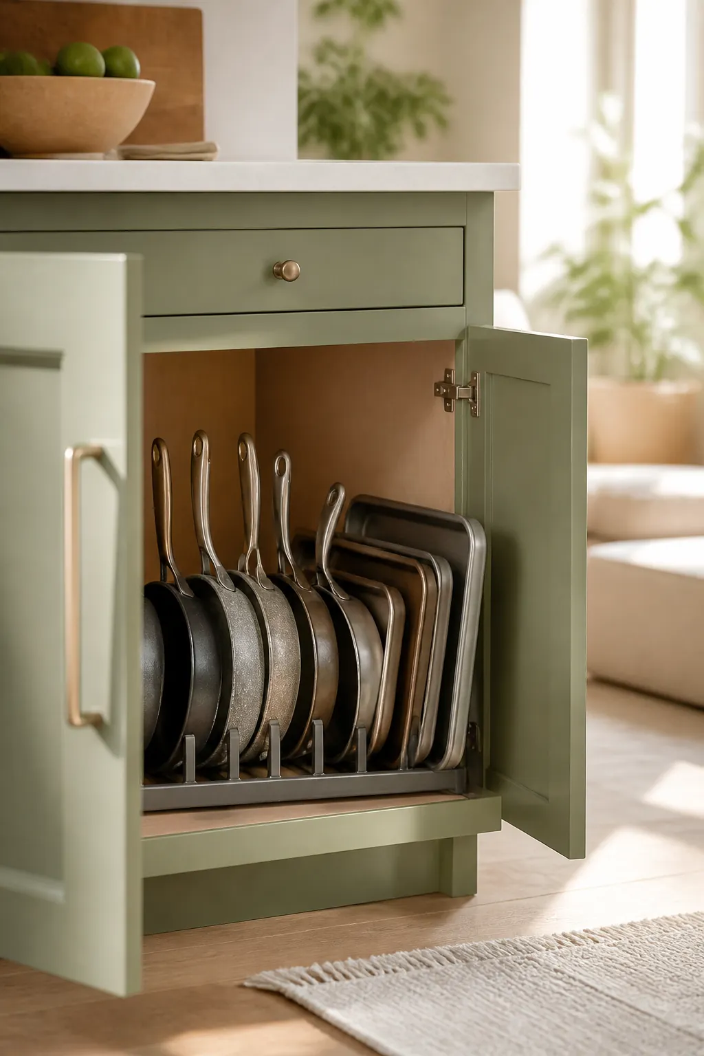 A vertical pan organizer rack inside a lower cabinet holding several frying pans and baking sheets upright