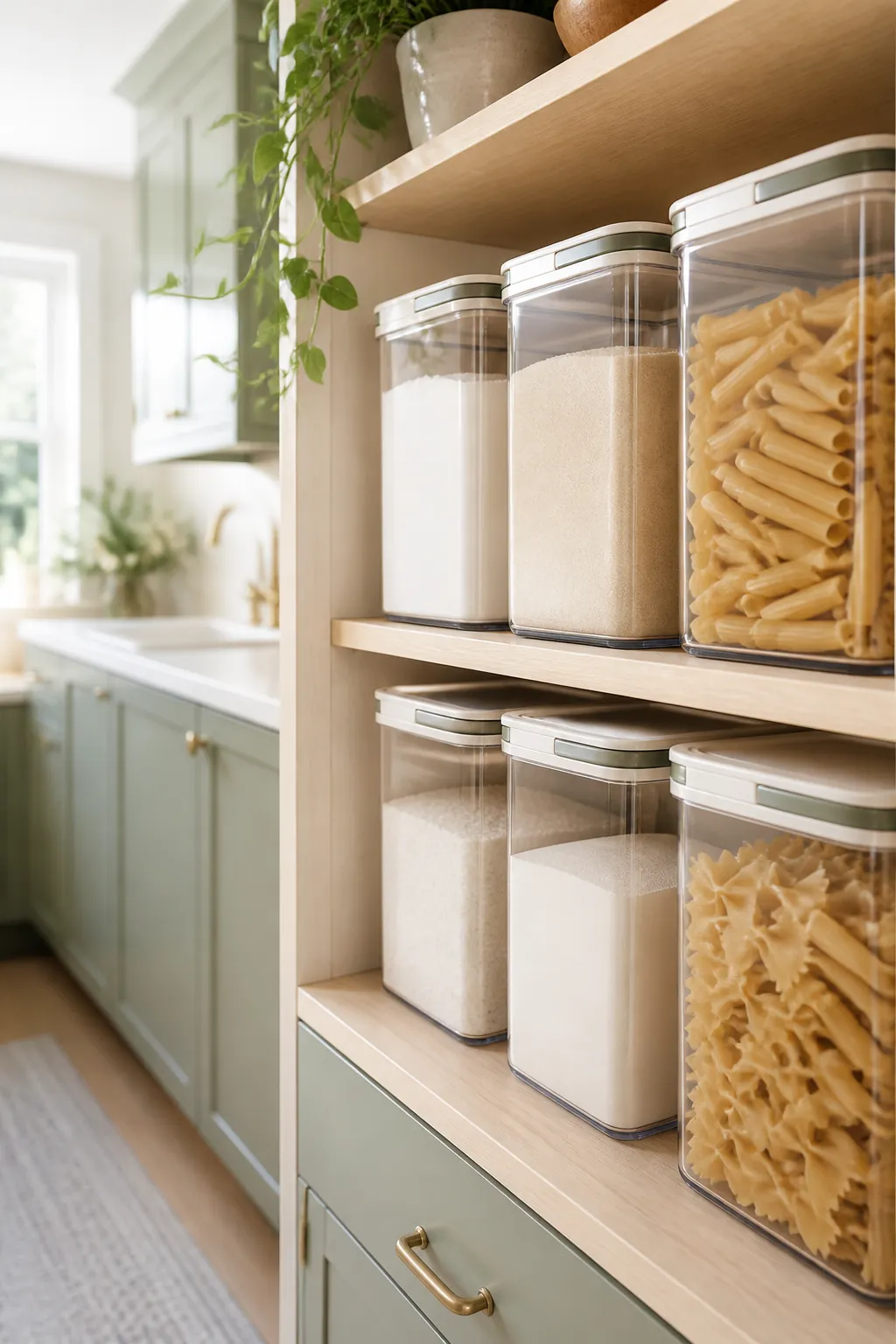 Clear stackable pantry bins on a cabinet shelf holding flour, sugar, and pasta with labeled lids