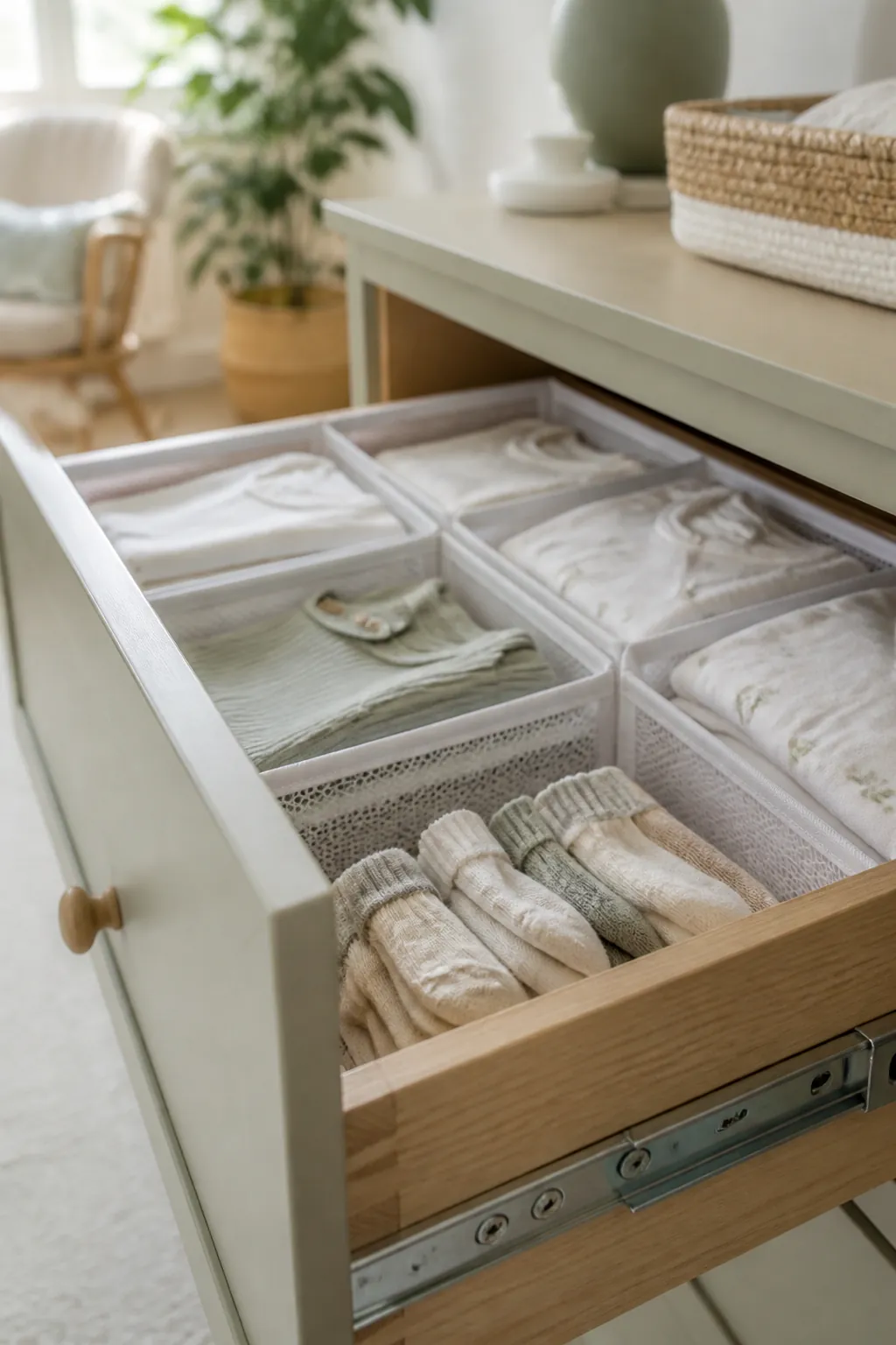An open dresser drawer with mesh dividers separating folded onesies, sleepers, and baby socks.