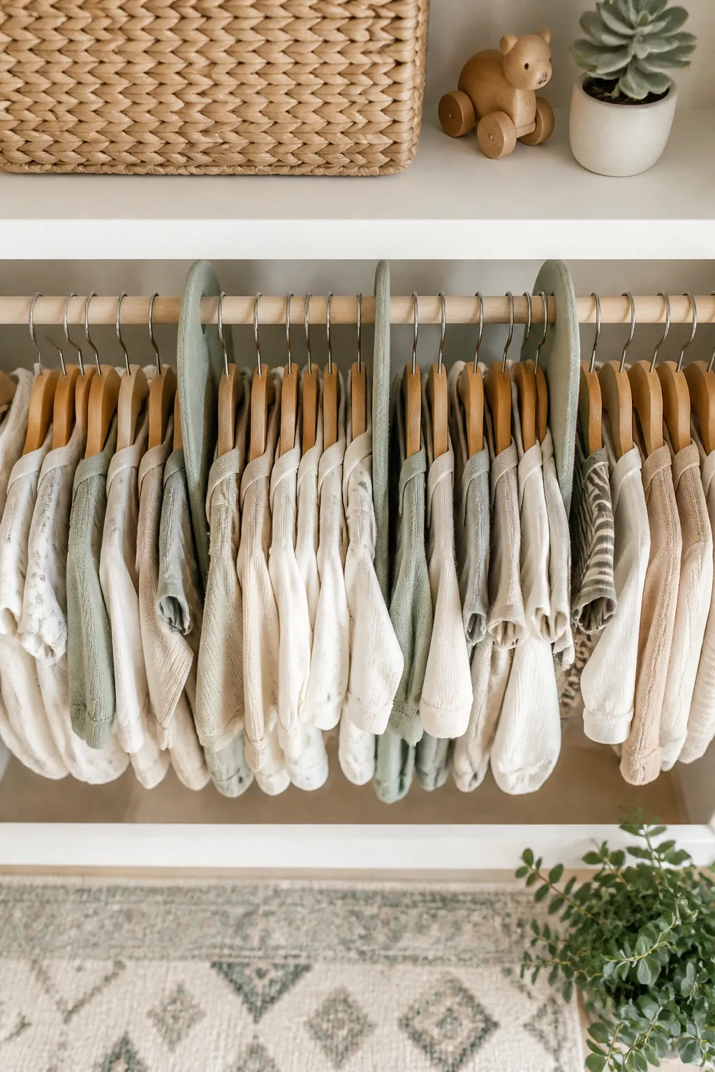 Baby clothes hung by size on a closet rod, separated by small clip-on fabric dividers.