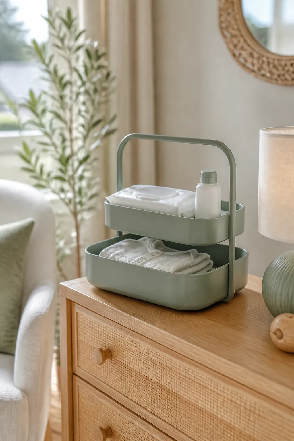 A stackable caddy holding wipes, lotion, and a folded onesie sitting on a dresser top.