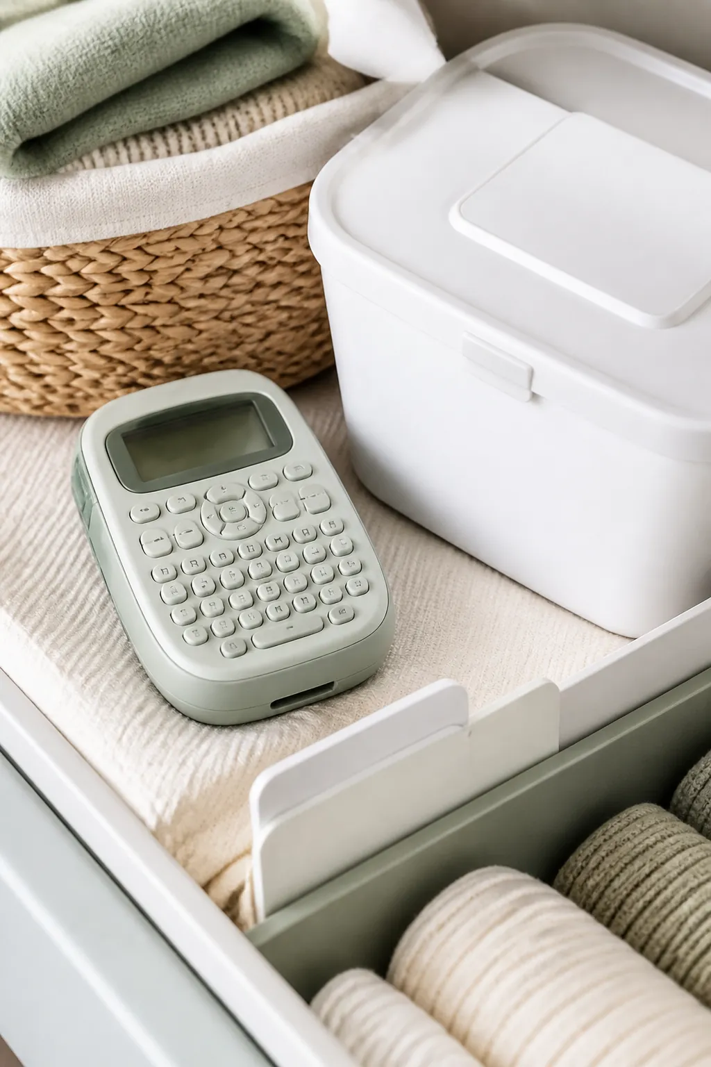 A label maker beside a labeled diaper bin lid and a closet divider tab.