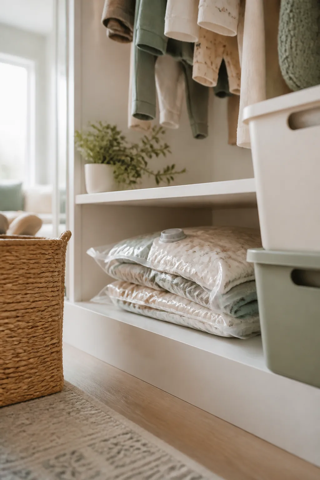 A flattened vacuum-sealed bag compressing folded baby clothes on a closet shelf beside bins.