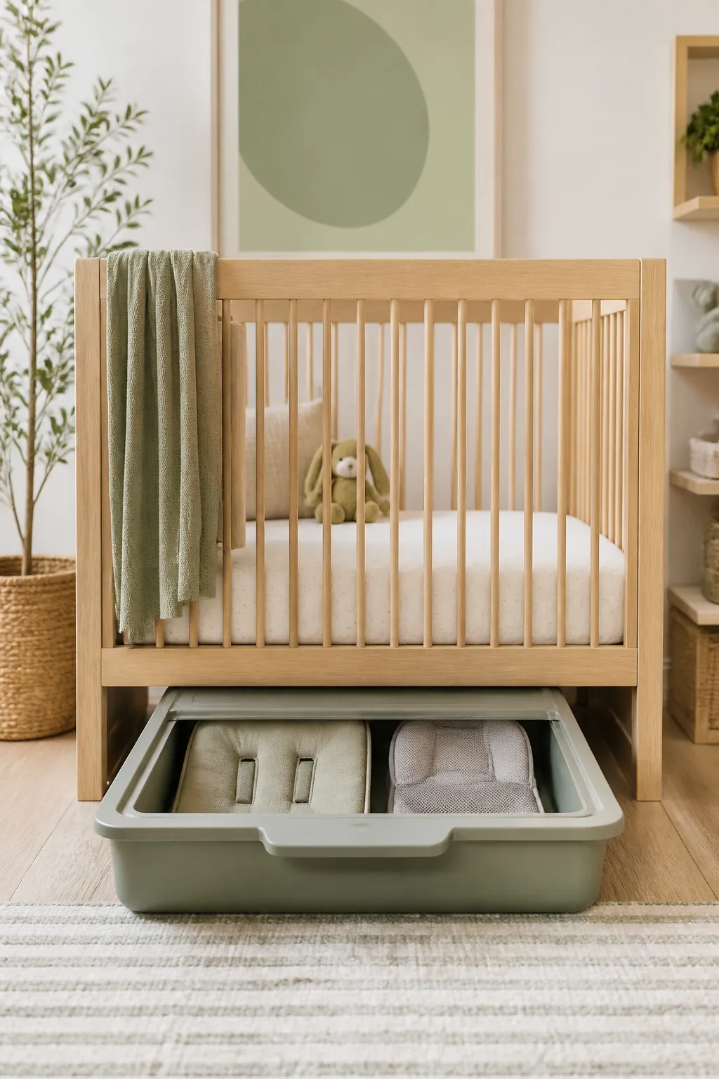 A lidded storage bin slides out from under a crib, holding a folded stroller insert.