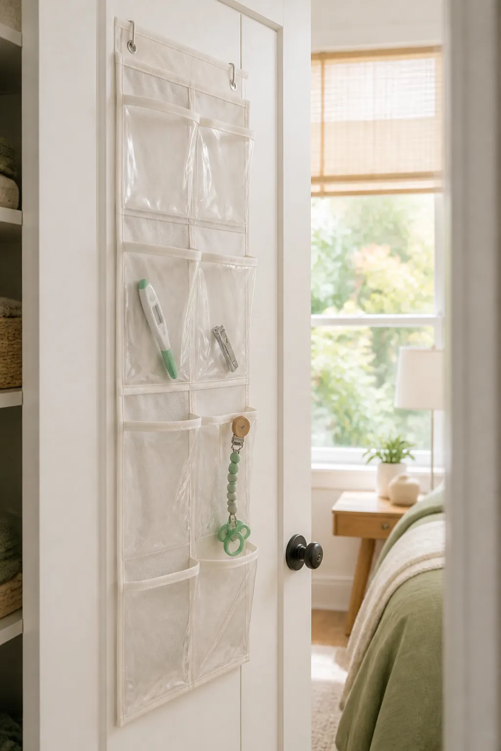 An over-the-door pocket organizer holding a thermometer, nail clippers, and a pacifier clip.