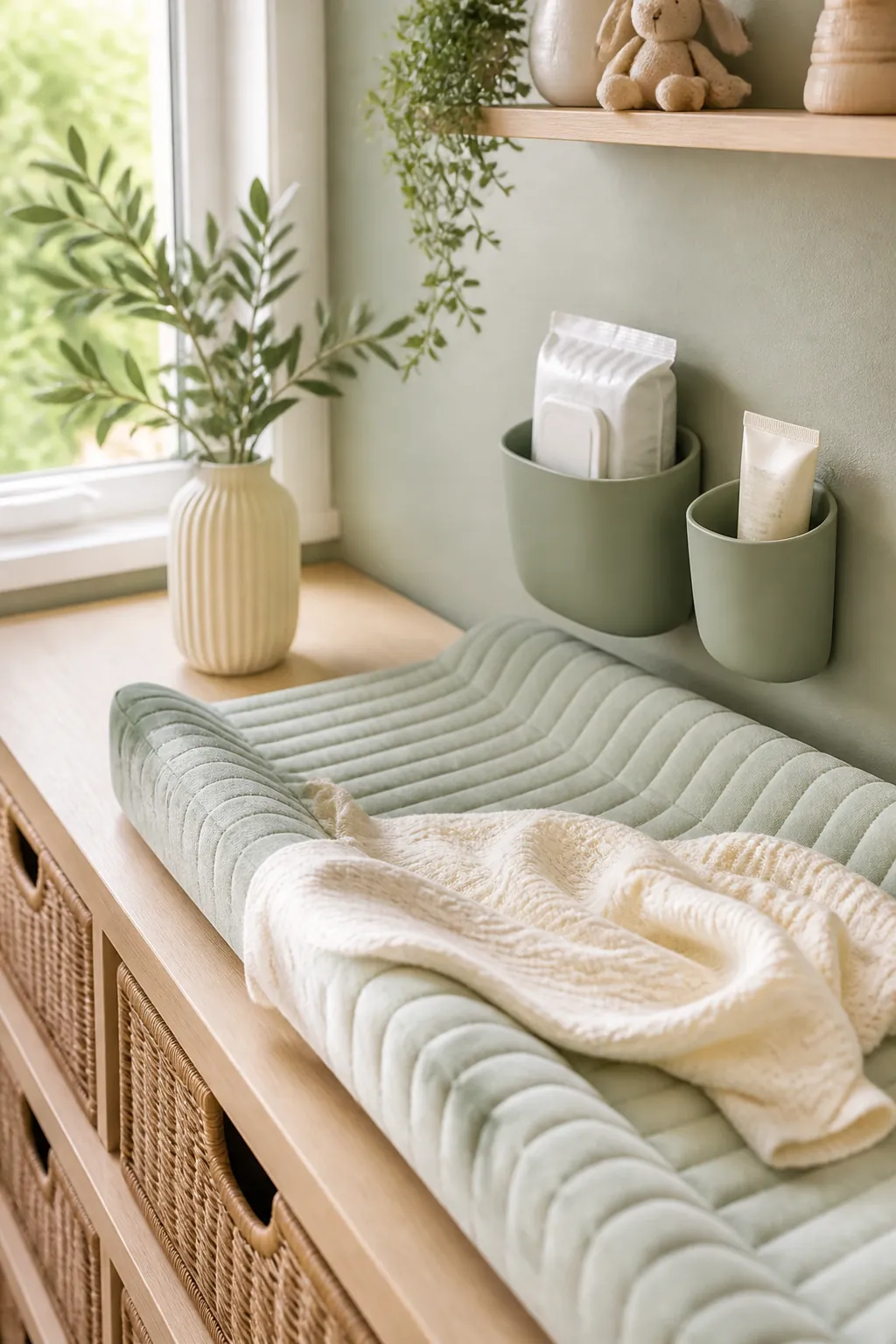 Small adhesive wall cups beside a changing pad holding a wipes pack and a cream tube.
