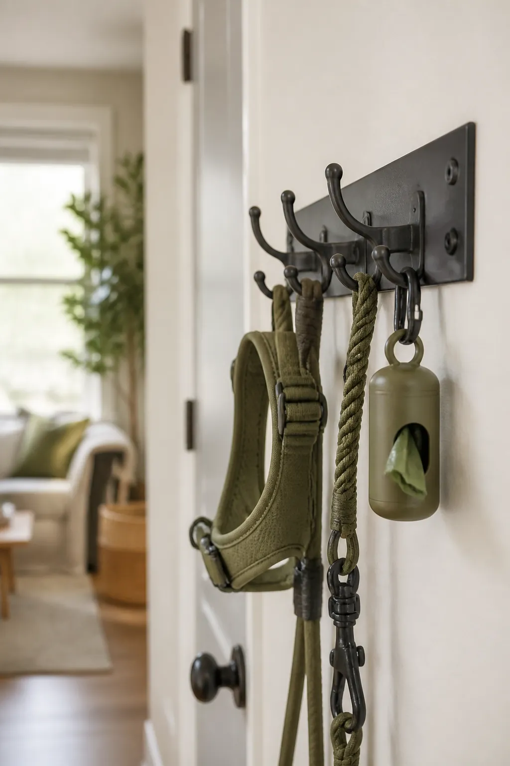A wall-mounted hook rack beside a front door holding a leash, a harness, and a poop bag dispenser