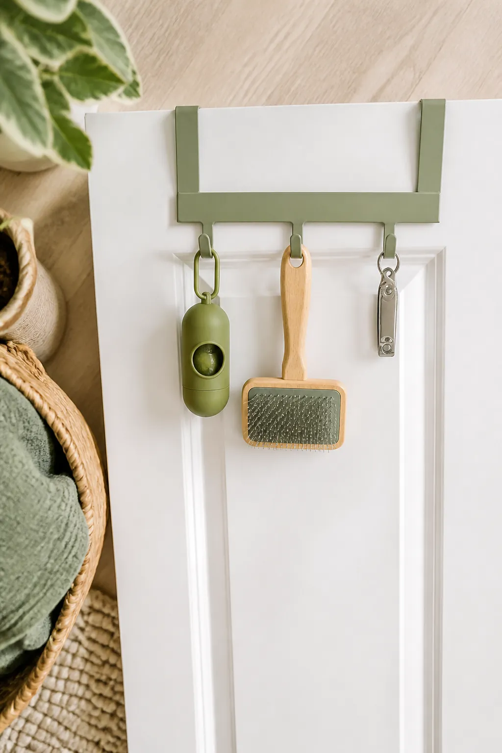 An over-the-door hook rack on a closet door holding a poop bag dispenser, a brush, and nail clippers
