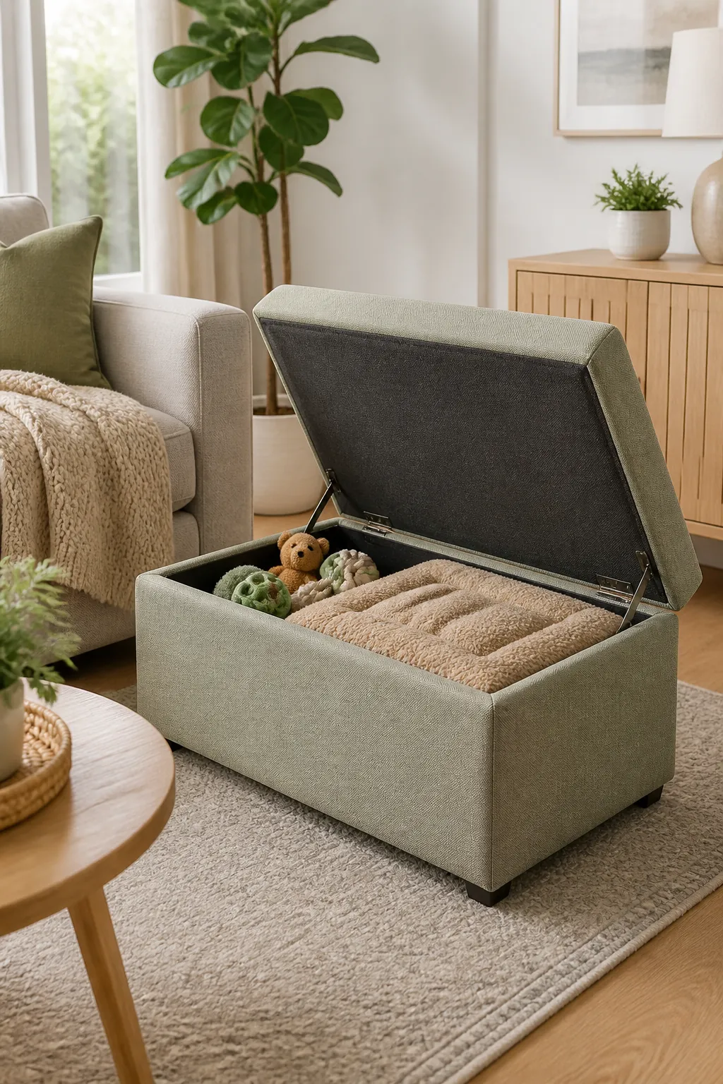 A storage ottoman with its lid open in a living room, dog toys and a folded pet bed inside