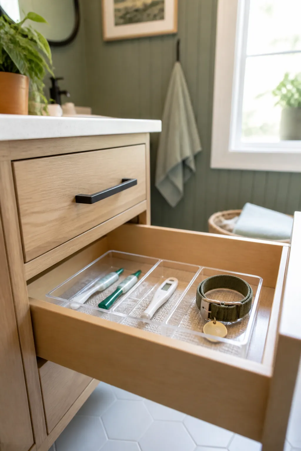 A clear drawer organizer tray inside an open vanity drawer separating pet medication, a thermometer, and a collar tag
