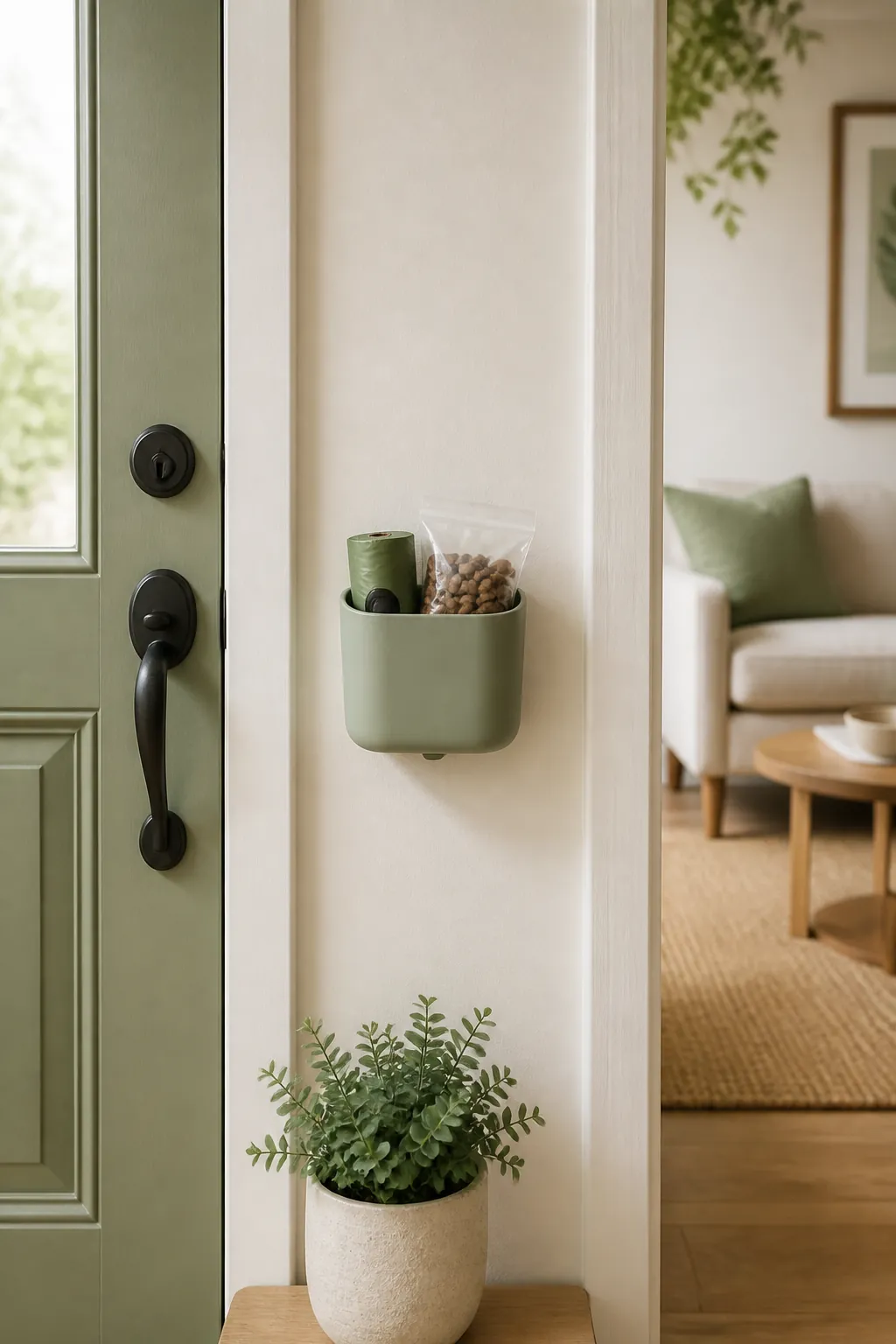 An adhesive wall storage cup beside a front door holding a poop bag roll and a small treat bag