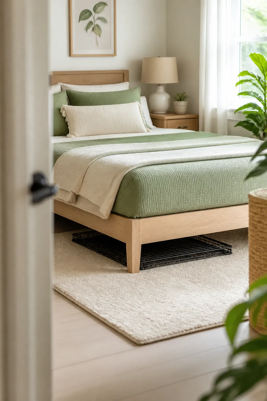 A collapsible wire dog crate folded flat, partway slid under a bed frame with a few inches of clearance