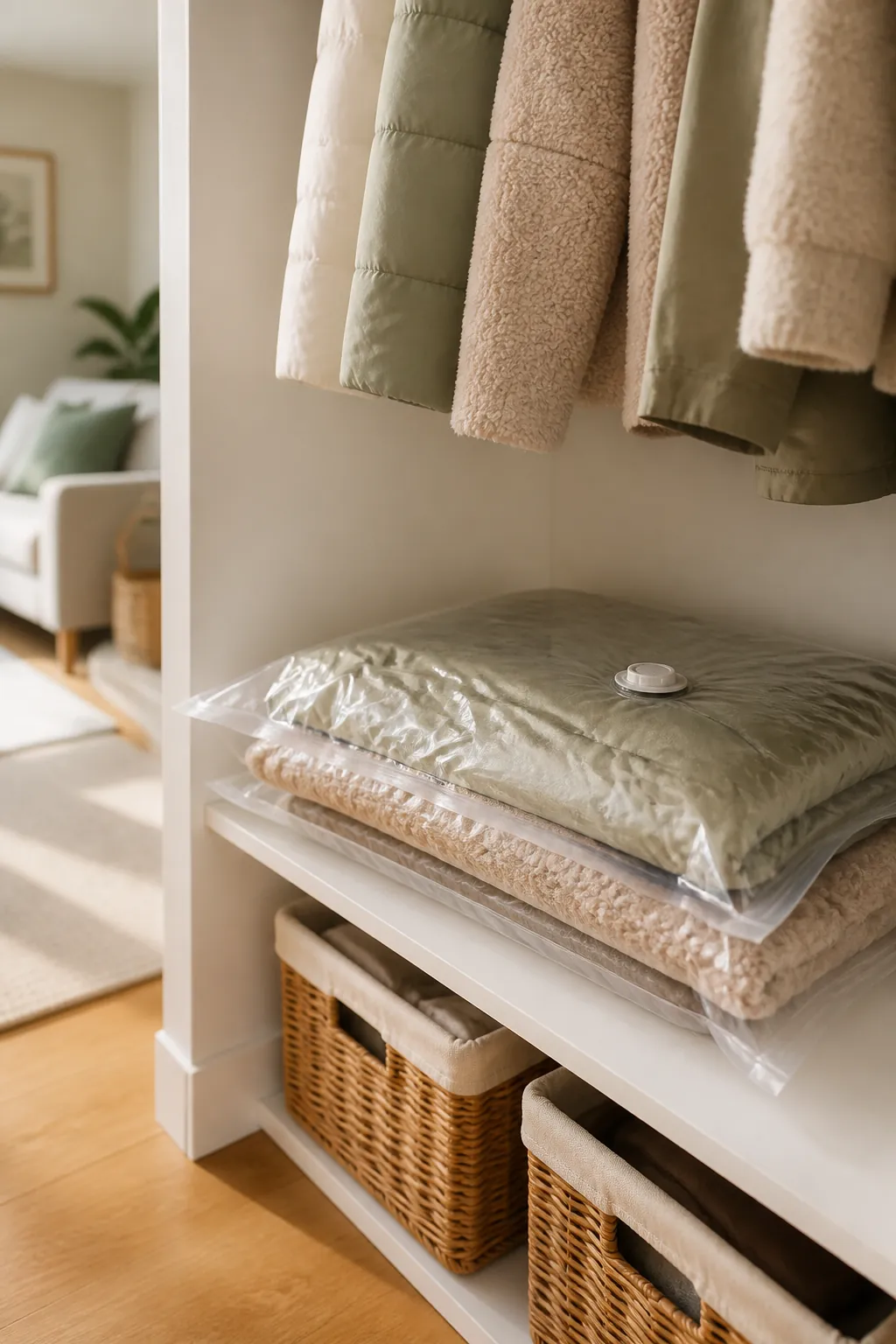 A vacuum-sealed storage bag compressing a folded pet bed and winter coat flat on a closet shelf