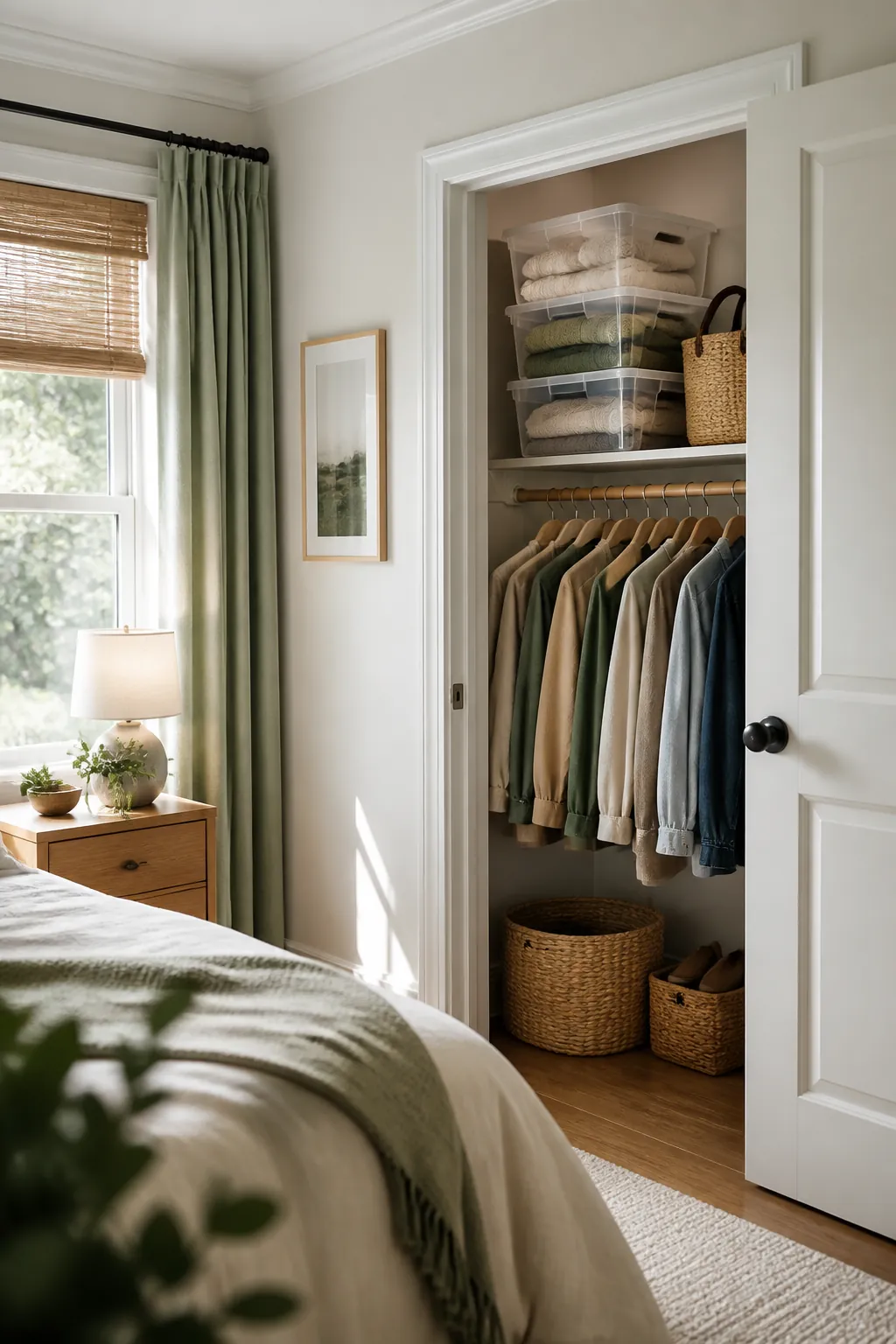 Clear stackable storage bins stacked three high on a closet shelf with folded sweaters visible inside