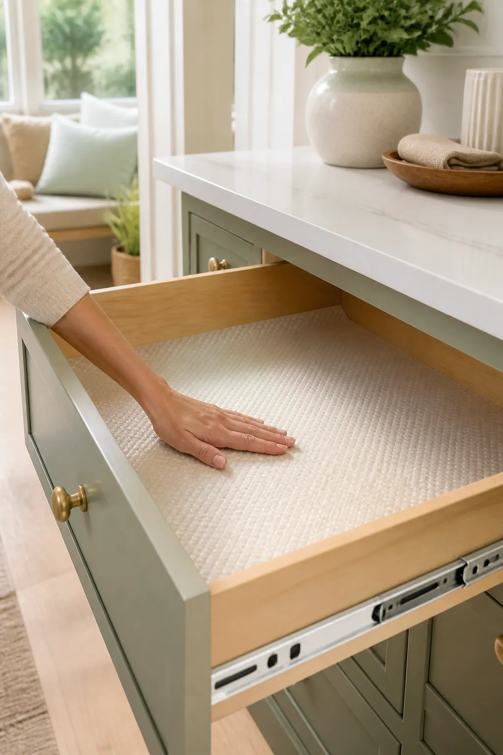 A hand pressing adhesive drawer liner into the bottom of an open kitchen drawer before use