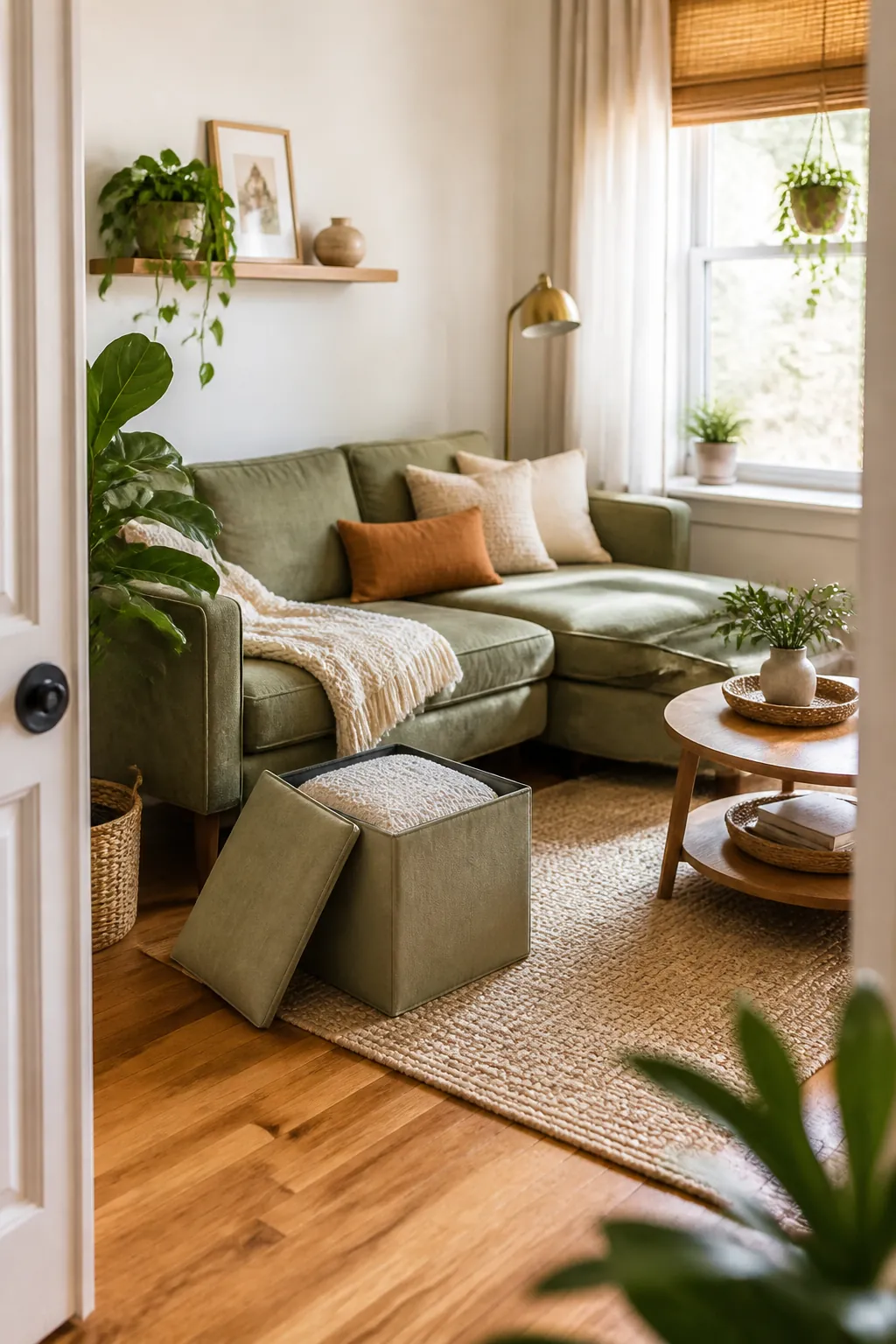 A collapsible storage ottoman cube in a living room with its lid open and a folded blanket inside