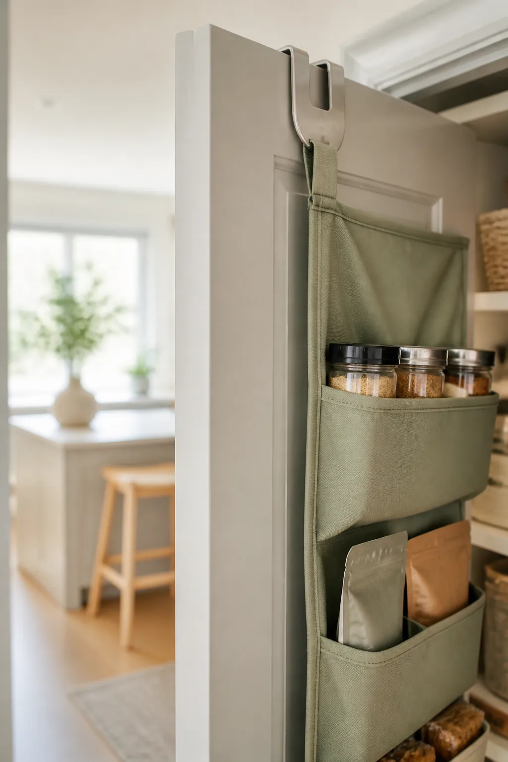 An over-the-door pantry organizer on a kitchen door with pockets holding spice jars and snack bags