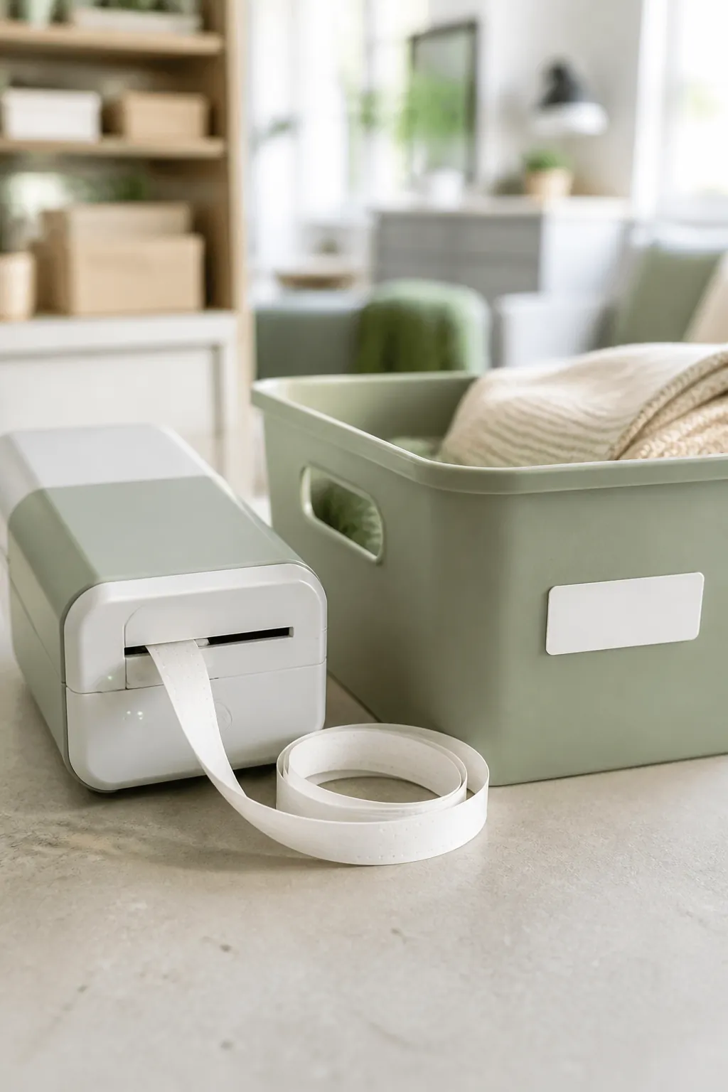 A label maker on a counter beside a storage bin with a freshly printed label stuck to its lid