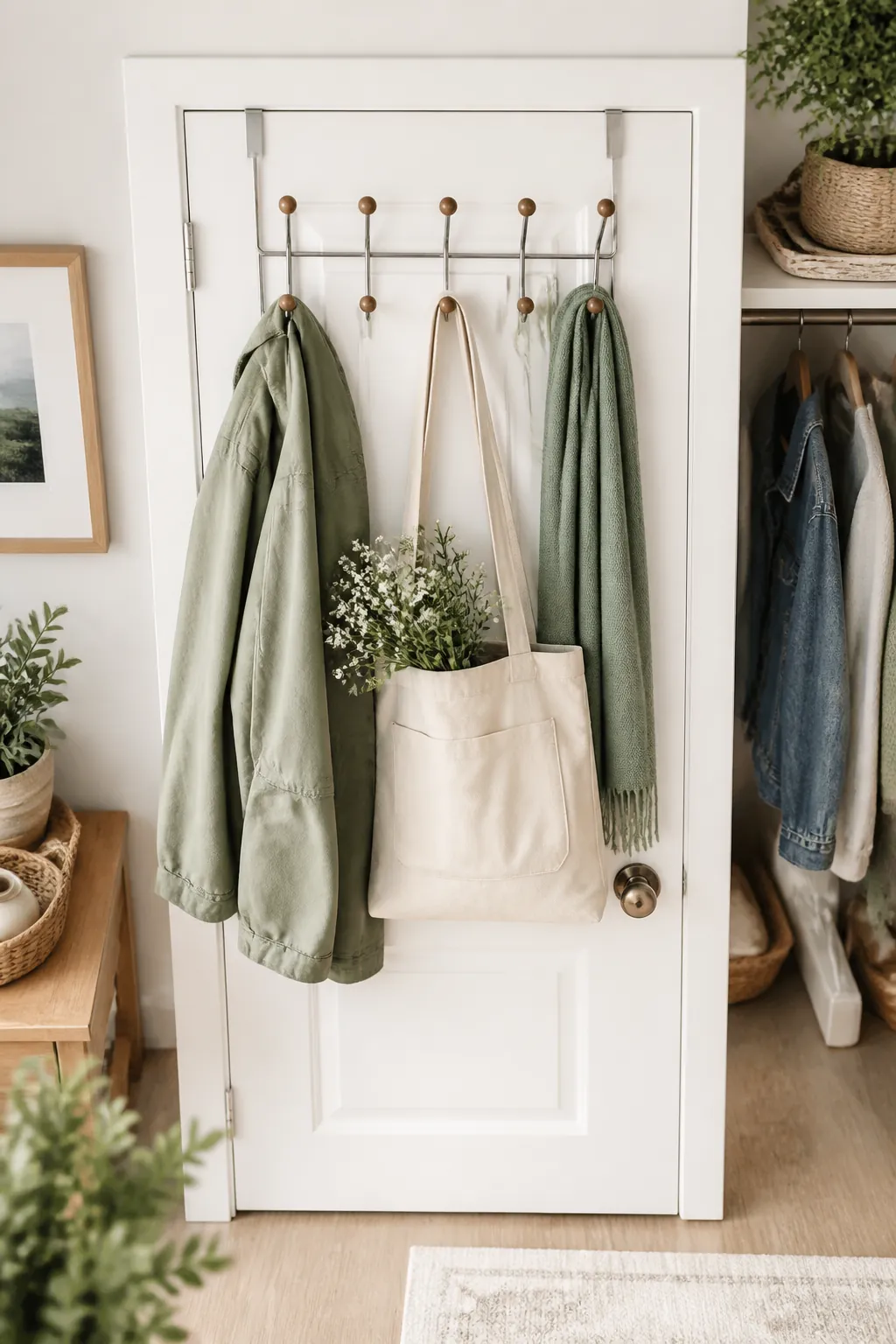 An over-the-door hook rack on a closet door holding a coat, a tote bag, and a scarf on its hooks
