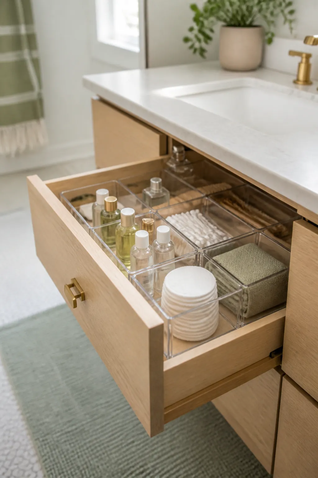 A clear drawer organizer tray set in an open vanity drawer separating travel bottles and cotton pads