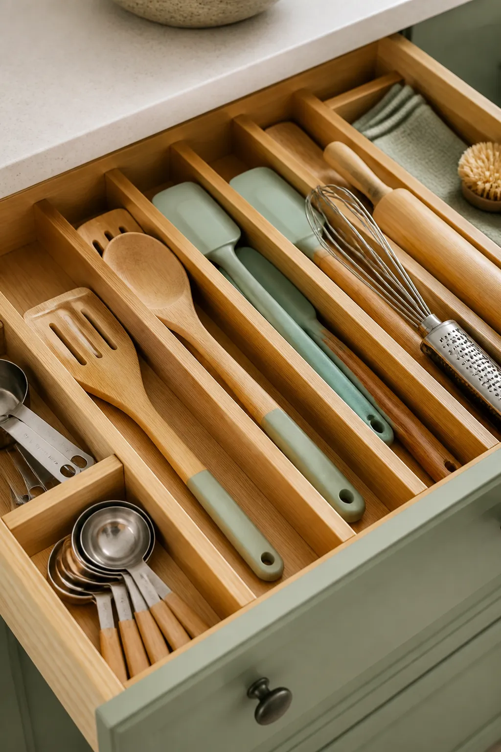 Bamboo adjustable drawer dividers expanded across a kitchen drawer separating spatulas and measuring spoons