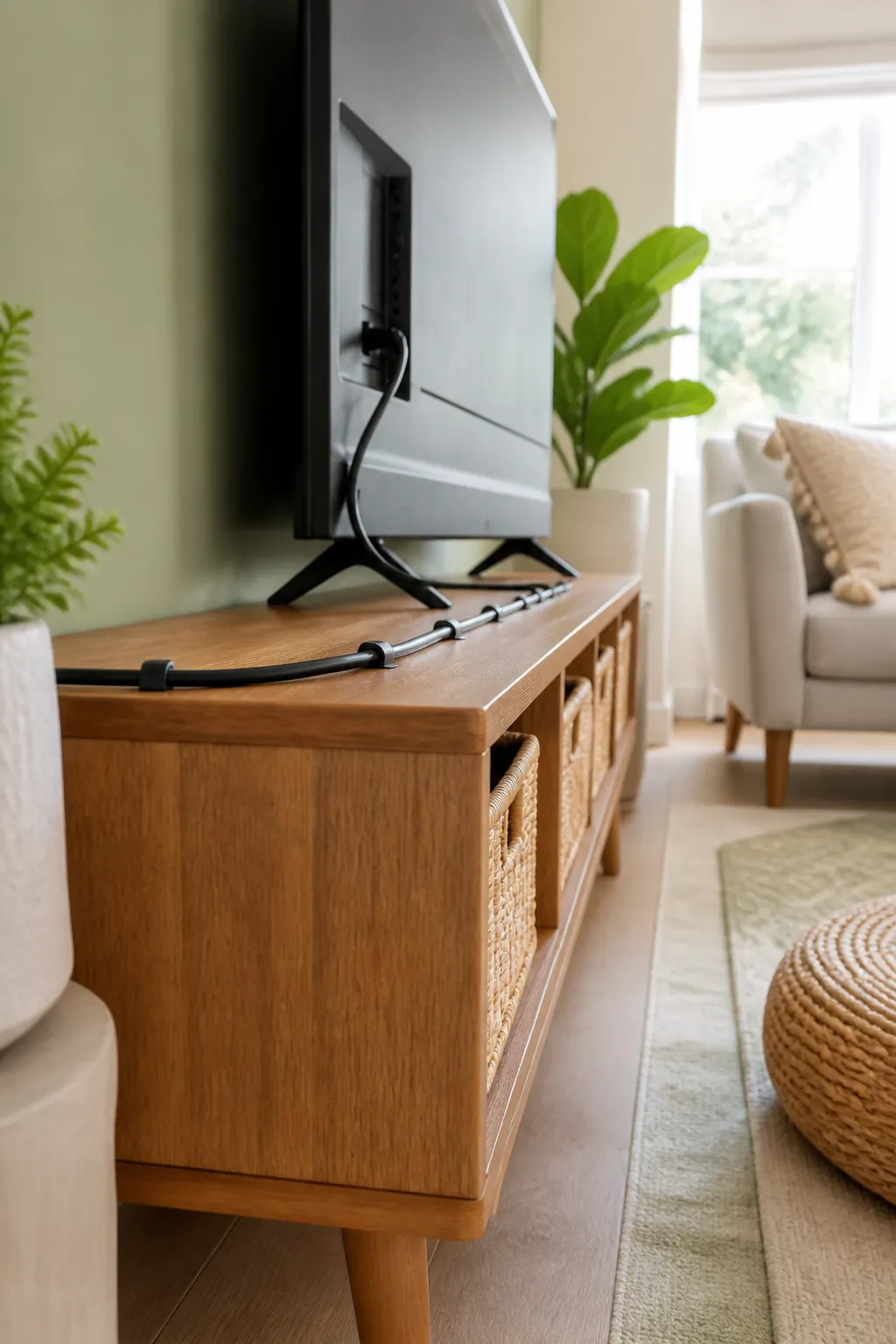 Adhesive cable clips mounted along the back edge of a TV stand holding a power cord in place