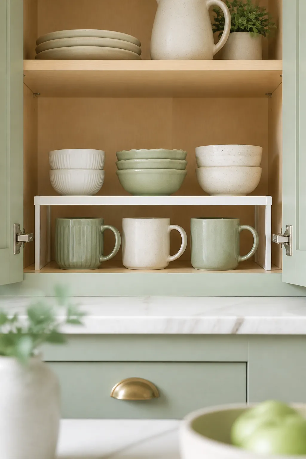 An expandable shelf riser inside a kitchen cabinet holding small bowls above a row of mugs below