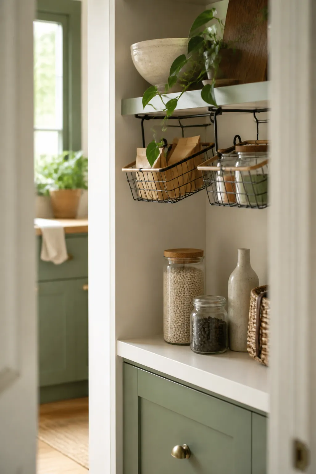 Under-shelf hanging baskets clipped beneath a pantry shelf holding spice packets and a small jar